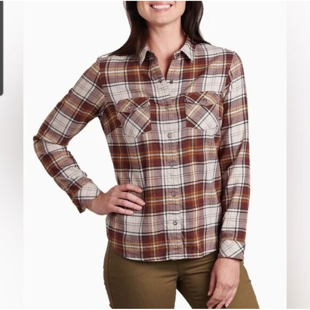 Kuhl Flannel Brown Plaid Corduroy Accent Button Up Long Sleeve Women's S Outdoor
